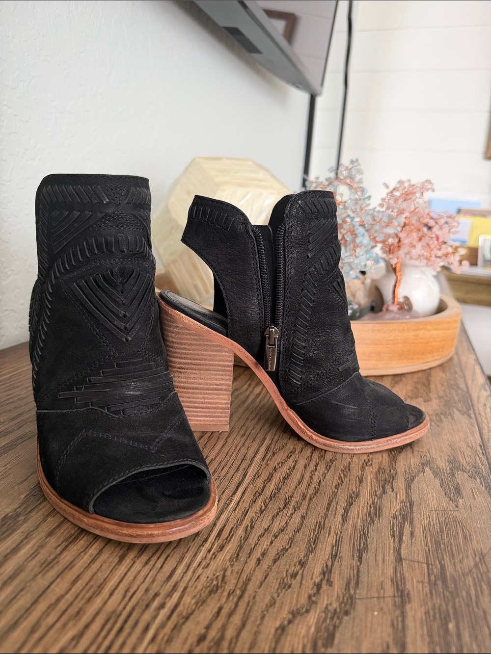Vince Camuto Black Suede Peep-Toe Stacked Heel Booties
